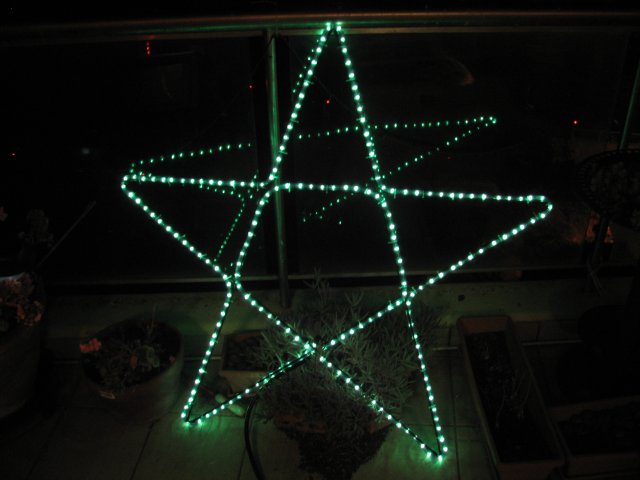 The finished Rope Light Star just before placement on the balcony.