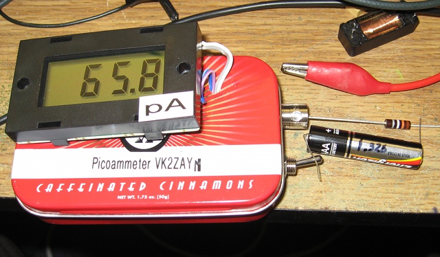 Picoammeter measuring a 23 Gig resistor using a 1.3 volt bias from a dead AAA battery cell.